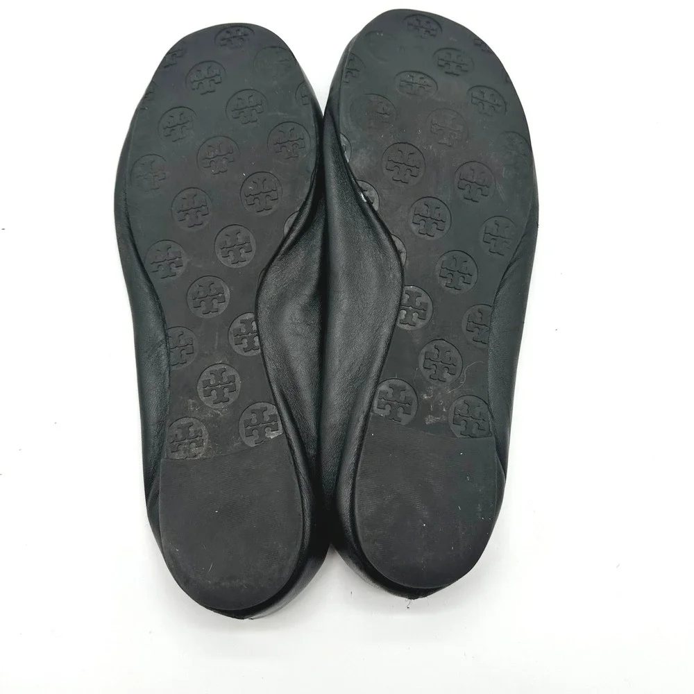 Tory Burch Reva Black Leather Ballet Flats Silver Logo Medallion Size 9.5